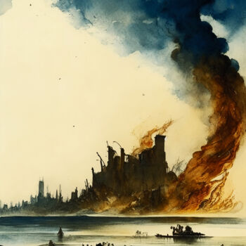 Pittura intitolato "Life beyond the rui…" da Aji Setiawan, Opera d'arte originale, Acquarello