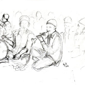Peinture intitulée "Shennai music" par Ajmal Maharaj, Œuvre d'art originale, Graphite