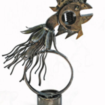 Sculpture titled "coq chantant" by Albert Jacqueline Visage, Original Artwork, Metals