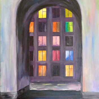 Painting titled "Lights in the windo…" by Ekaterina Antipova, Original Artwork, Acrylic Mounted on Wood Stretcher frame