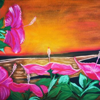 Pittura intitolato "Hibiscus au coucher…" da Akhesa, Opera d'arte originale, Pastello