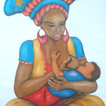 Painting titled "Allaiter à la congo…" by Akida Amos (AKAM), Original Artwork, Oil