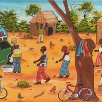 Peinture intitulée "l'accueil au village" par Ako Wilson, Œuvre d'art originale