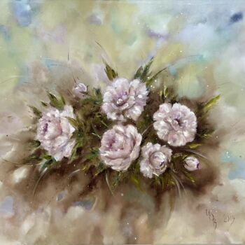 Painting titled "Pivoines" by Aksana Chmel, Original Artwork, Oil Mounted on Wood Stretcher frame