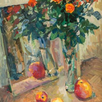 Картина под названием "Розы и яблоки" - Aksinia, Подлинное произведение искусства, Гуашь