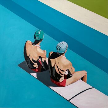 Malerei mit dem Titel "boys at the pool" von Al Freno, Original-Kunstwerk, Öl Auf Keilrahmen aus Holz montiert