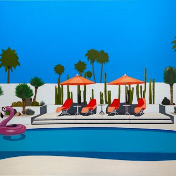 Painting titled "Pool Flamingo" by Al Freno, Original Artwork, Oil Mounted on Wood Stretcher frame