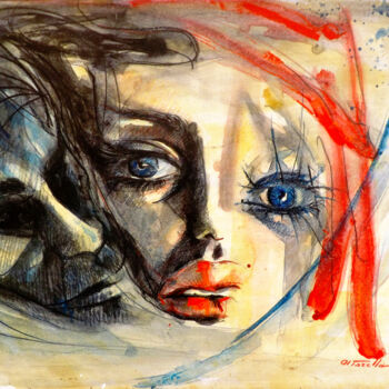 Painting titled "Il conflitto" by Al Torella, Original Artwork, Watercolor Mounted on Wood Panel