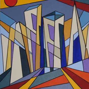 Painting titled "Ville de verre" by Alain Arnouil, Original Artwork, Acrylic Mounted on Wood Stretcher frame