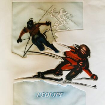 Prenten & gravures getiteld "Ski "l'équipe"" door Alain Bar, Origineel Kunstwerk, Gravure