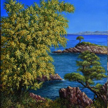 Painting titled "marine et Mimosas" by Alain Benedetto, Original Artwork, Oil Mounted on Wood Stretcher frame