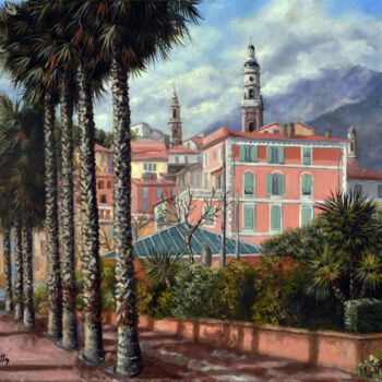 Painting titled "menton" by Alain Benedetto, Original Artwork, Oil Mounted on Wood Stretcher frame