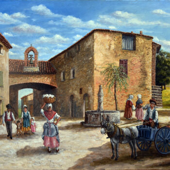 Painting titled "village du var Tour…" by Alain Benedetto, Original Artwork, Oil Mounted on Wood Stretcher frame