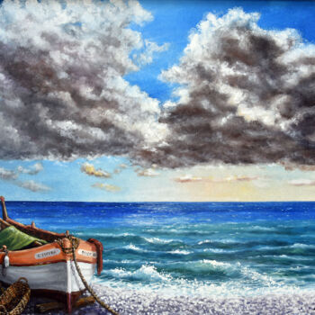 Painting titled "pointu sur la plage" by Alain Benedetto, Original Artwork, Oil Mounted on Wood Stretcher frame