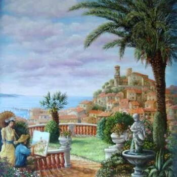 Painting titled "cannes le suquet" by Alain Benedetto, Original Artwork, Oil Mounted on Wood Stretcher frame