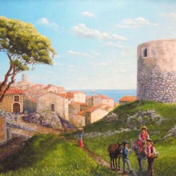 Painting titled "antibes la vielle t…" by Alain Benedetto, Original Artwork, Oil Mounted on Wood Stretcher frame