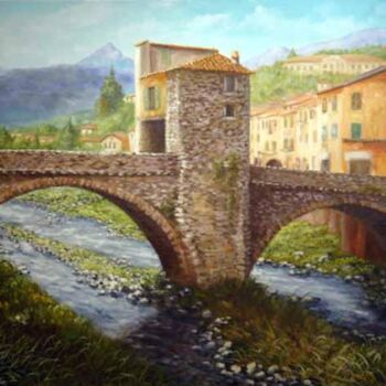 Pittura intitolato "pont vieux de sospel" da Alain Benedetto, Opera d'arte originale, Olio Montato su Telaio per barella in…