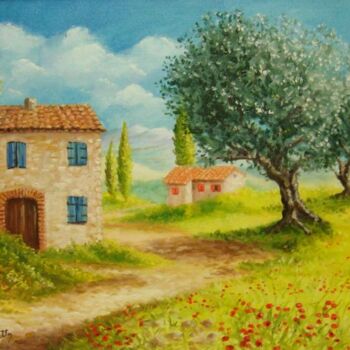 Painting titled "paysage provence" by Alain Benedetto, Original Artwork, Oil Mounted on Wood Stretcher frame