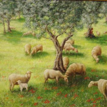 Painting titled "moutons" by Alain Benedetto, Original Artwork, Oil Mounted on Wood Stretcher frame