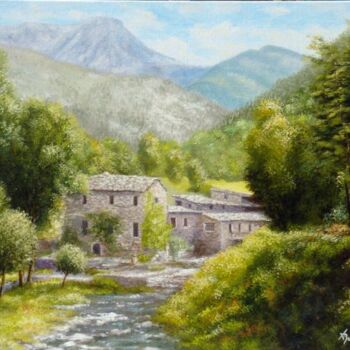Painting titled "le vieux moulin de…" by Alain Benedetto, Original Artwork, Oil Mounted on Wood Stretcher frame
