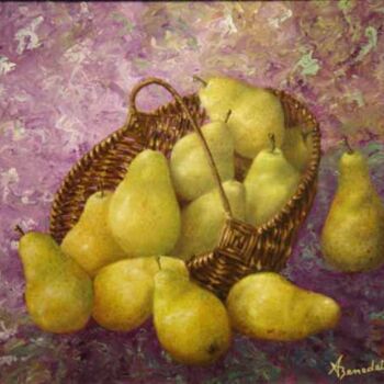 Painting titled "panier de poires" by Alain Benedetto, Original Artwork, Oil Mounted on Wood Stretcher frame