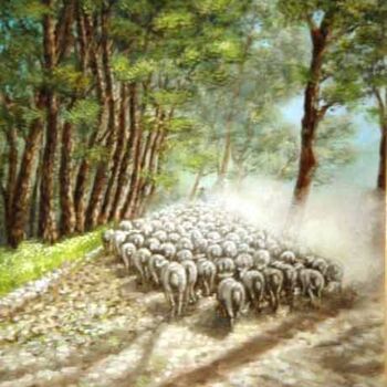 Painting titled "troupeau de moutons" by Alain Benedetto, Original Artwork, Oil Mounted on Wood Stretcher frame