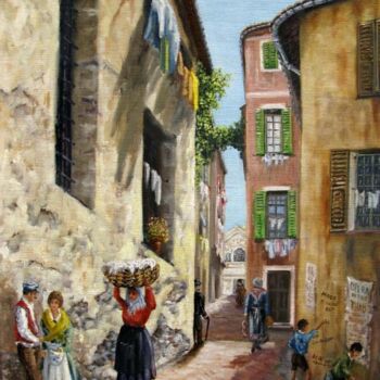 Painting titled "vieux Nice jadis ru…" by Alain Benedetto, Original Artwork, Oil Mounted on Wood Stretcher frame