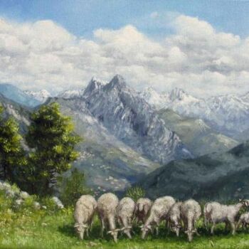 Painting titled "moutons au plateau…" by Alain Benedetto, Original Artwork, Oil Mounted on Wood Stretcher frame