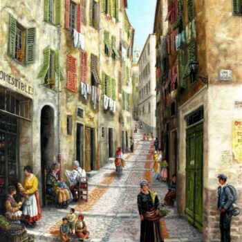 「vieux nice rue sain…」というタイトルの絵画 Alain Benedettoによって, オリジナルのアートワーク, オイル ウッドストレッチャーフレームにマウント