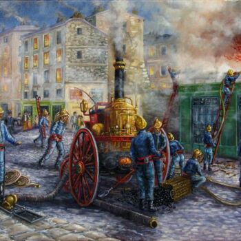 Painting titled "les pompiers de jad…" by Alain Benedetto, Original Artwork, Oil Mounted on Wood Stretcher frame