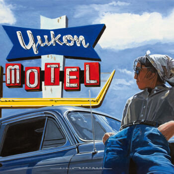 Schilderij getiteld "YUKON MOTEL" door Alain Bertrand, Origineel Kunstwerk, Olie Gemonteerd op Frame voor houten brancard