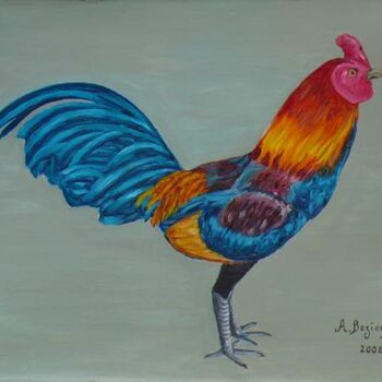 Painting titled "Le coq" by Alain Beziers, Original Artwork, Oil