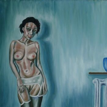 Painting titled "La chambre bleue" by Alain Beziers, Original Artwork, Oil