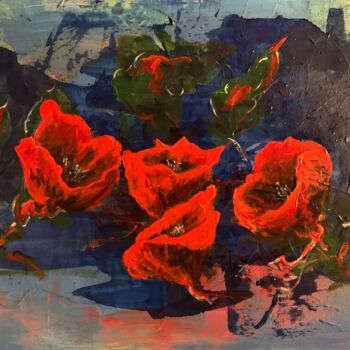 Painting titled "Roses rudérales" by Alain Bulle, Original Artwork, Acrylic Mounted on Wood Stretcher frame