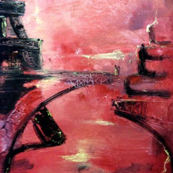 Painting titled "PARIS nuit rouge" by Alain Bulle, Original Artwork, Acrylic Mounted on Wood Stretcher frame
