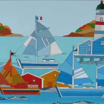 Painting titled "port et cabanes pêc…" by Alain Colas, Original Artwork, Acrylic Mounted on Wood Stretcher frame