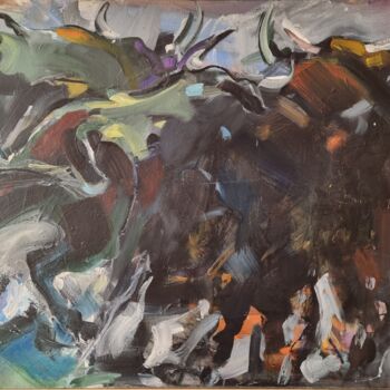 Peinture intitulée "Troupeau de taureaux" par Alain Delmas, Œuvre d'art originale, Huile Monté sur Châssis en bois