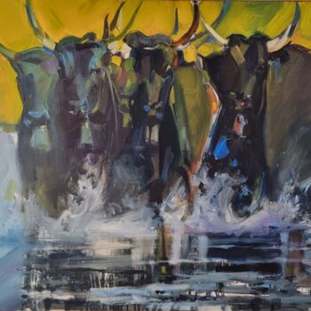 Painting titled "Taureaux Camarguais…" by Alain Delmas, Original Artwork, Oil Mounted on Wood Stretcher frame