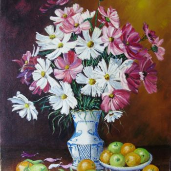 Painting titled "FRUITS ET MARGUERIT…" by Alain Dervillez, Original Artwork, Oil Mounted on Wood Stretcher frame