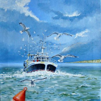 Painting titled "LE TREPORT " retour…" by Alain Dervillez, Original Artwork, Oil