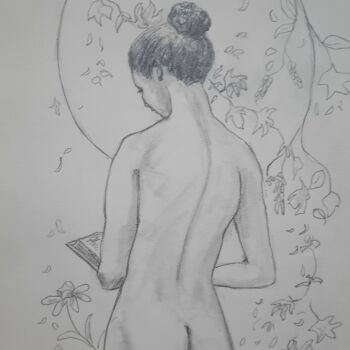 Drawing titled "NU AUX FLEURS" by Alain Devienne, Original Artwork, Pencil