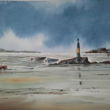 Painting titled "BALISE A MAREE BASSE" by Alain Devienne, Original Artwork, Watercolor
