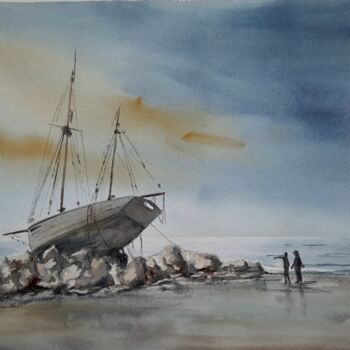 Painting titled "NAVIRE ECHOUE" by Alain Devienne, Original Artwork, Watercolor