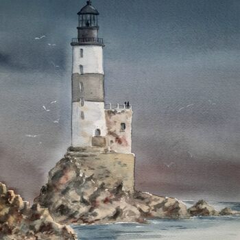 Painting titled "LE VIEUX PHARE" by Alain Devienne, Original Artwork, Watercolor