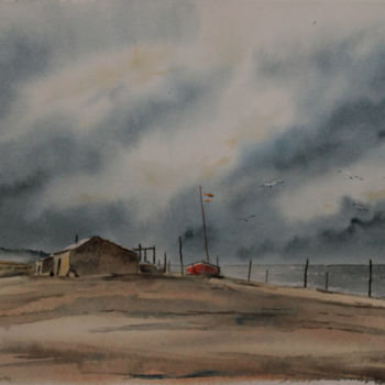 Pintura titulada "Cabane sur la plage" por Alain Devienne, Obra de arte original, Acuarela