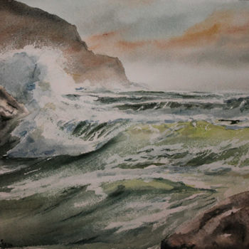 Painting titled "La vague" by Alain Devienne, Original Artwork, Watercolor