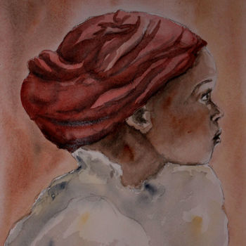 Painting titled "JEUNE AFRICAINE 2" by Alain Devienne, Original Artwork, Watercolor