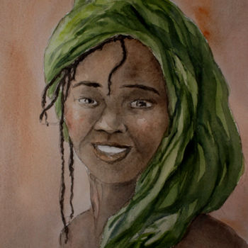Painting titled "AFRICAINE AU FOULAR…" by Alain Devienne, Original Artwork, Watercolor