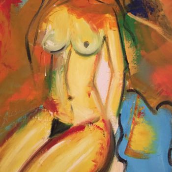 Painting titled "Jeune femme posant…" by Alain Erpelding, Original Artwork, Oil Mounted on Wood Stretcher frame