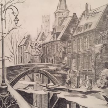 Zeichnungen mit dem Titel "Kanal von Brügge, B…" von Alain Erpelding, Original-Kunstwerk, Bleistift